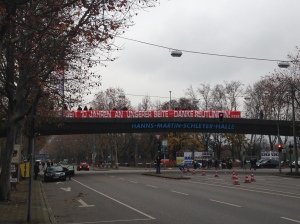 A banner on the way to the stadium celebrating 10 years for the Stuttgart Ultras.